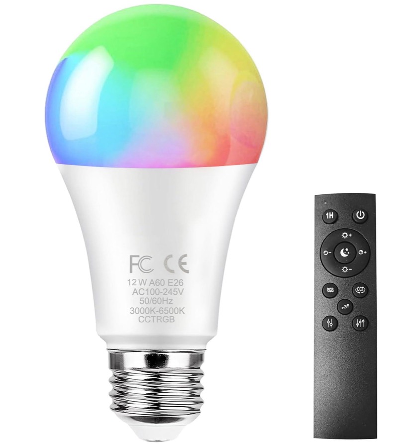 E26 12W Smart LED Bulb with a 2.4GHz Remote Control,RGBCW Color Changing Led Bulb,Stepless Dimmable 3000-6500K,100W Incandescent Lamp Equivalent,A19 1000Lumens,CRI>80,Home Decor,1 Bulb & Remote